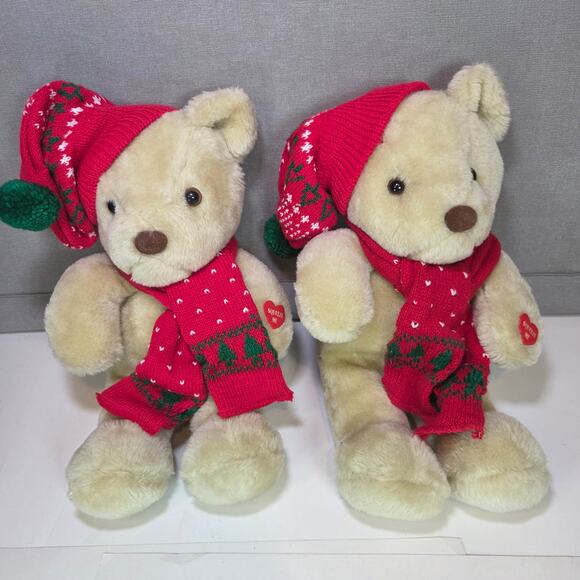 Pair of Christmas Animated Plush Bears Red Hat Scarf Holiday Stuffed Animals - Picture 1 of 11